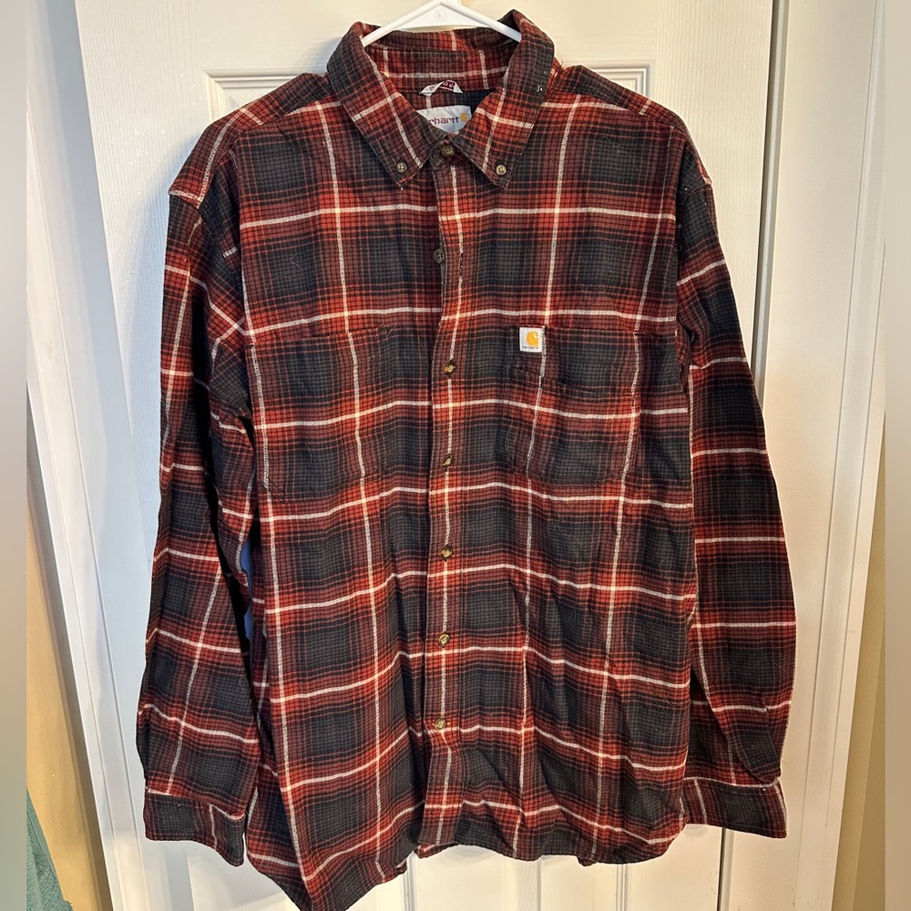 Carhartt Flannel Shirt Men's L Black Red Plaid Work Wear Classic Hunter Woodsman